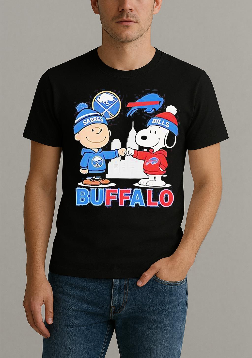 Charlie Brown Buffalo Sabres Hockey And Snoopy Buffalo Bills Baseball Skyline Shirt