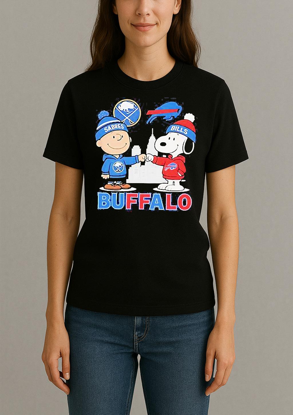 Charlie Brown Buffalo Sabres Hockey And Snoopy Buffalo Bills Baseball Skyline Shirt Womentee