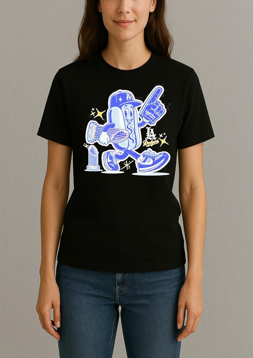 Los Angeles Dodgers Hot Dog Mascot 2025 World Series Champions T Shirt Womentee