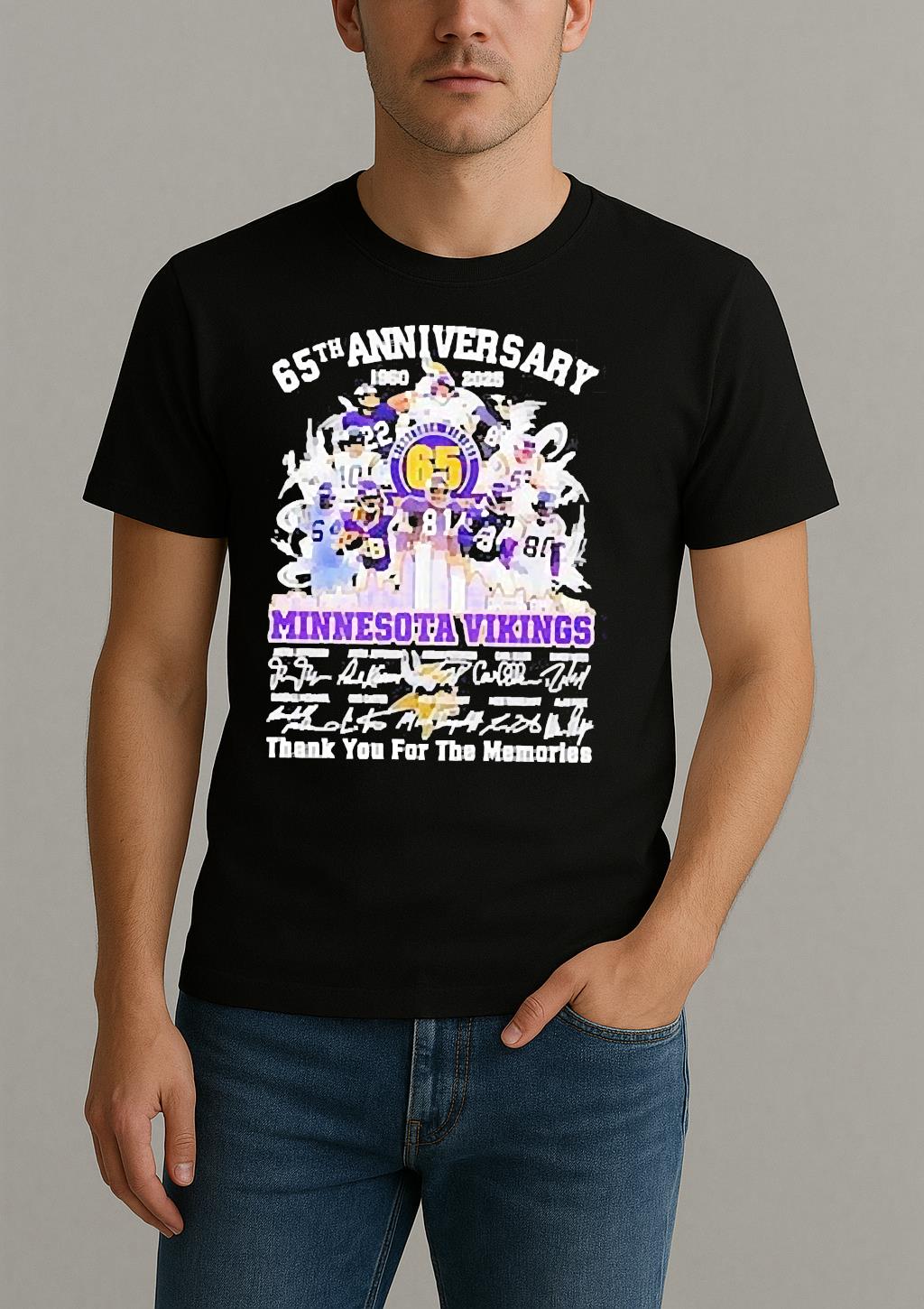 Minnesota Vikings 65Th Anniversary 1960 2025 Thank You For The Memories Skyline Signatures Shirt