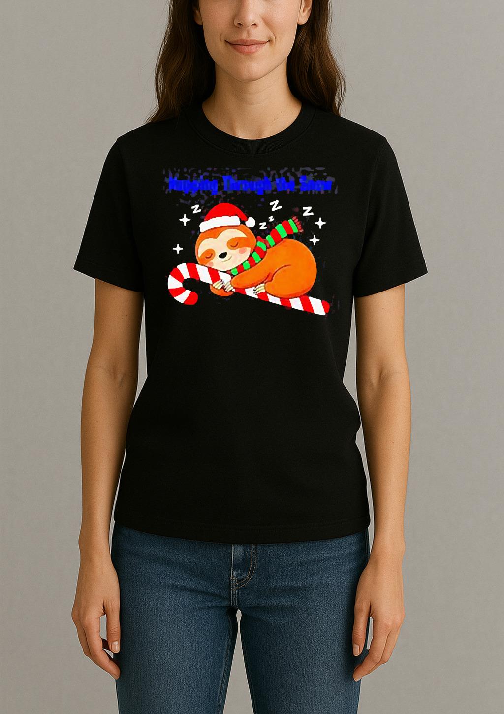 Napping Through The Snow Christmas Sloth Candy Cane T Shirt Womentee