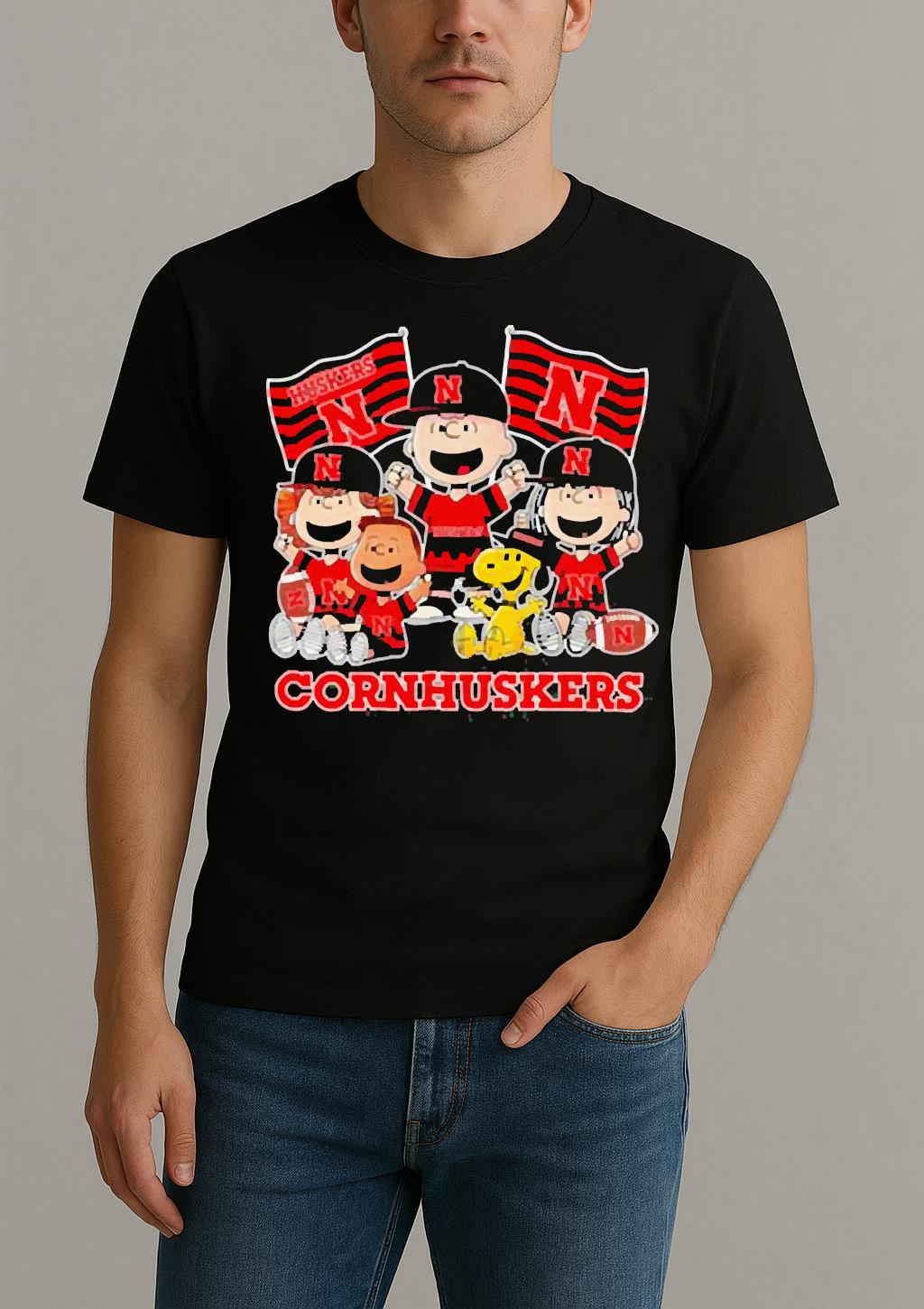 Nebraska Cornhuskers Shop Snoopy Charlie Brown And Friends Cornhuskers Flags T Shirt