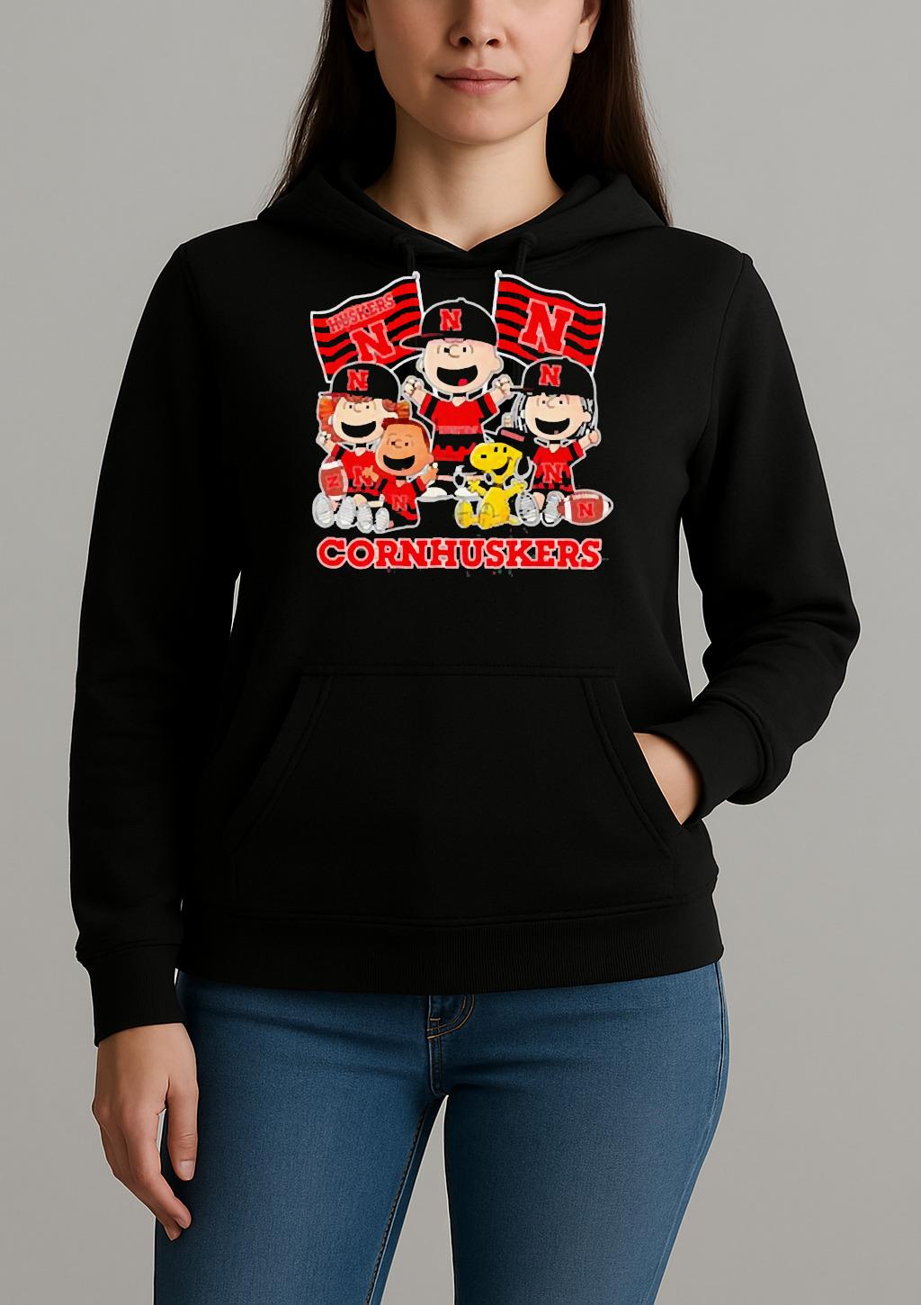 Nebraska Cornhuskers Shop Snoopy Charlie Brown And Friends Cornhuskers Flags T Shirt Unihoodie