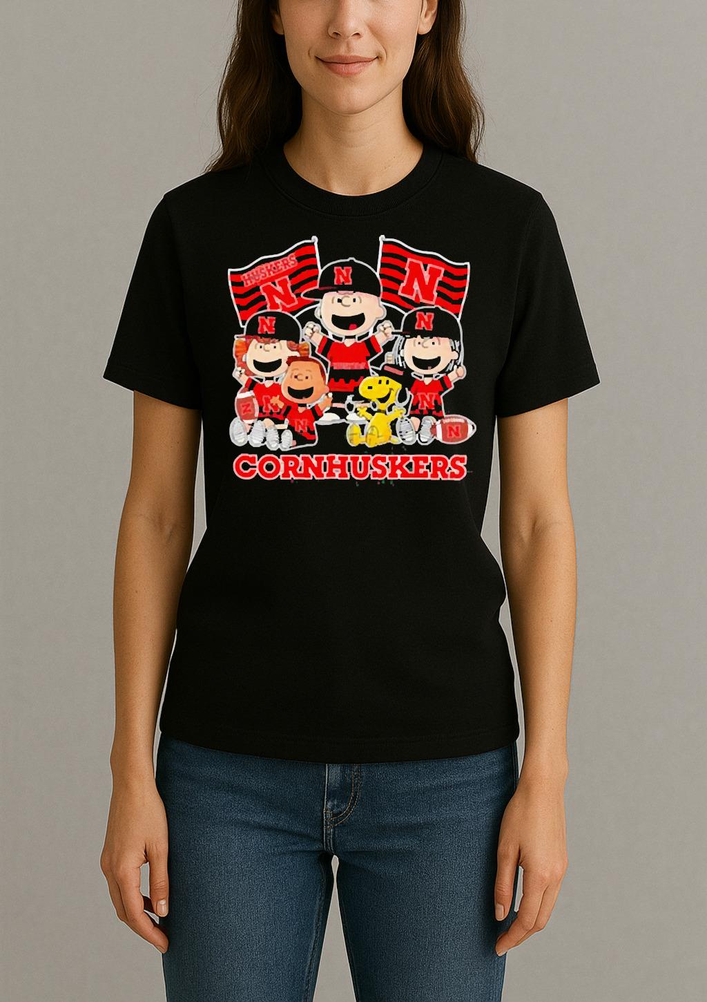 Nebraska Cornhuskers Shop Snoopy Charlie Brown And Friends Cornhuskers Flags T Shirt Womentee
