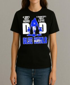 Official Duke Blue Devils A Sons First Hero A Daughters First Love Dad Shirt Womentee
