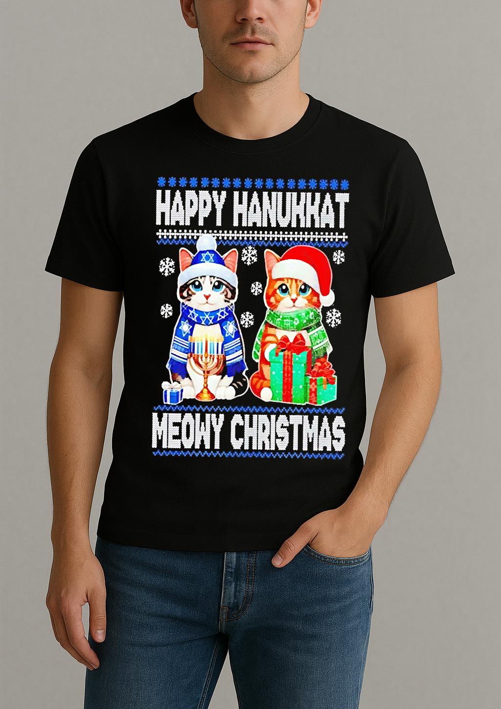 Premium Happy Hanukkat Meowy Ugly Christmas Sweat T Shirts Sweater Hoodie