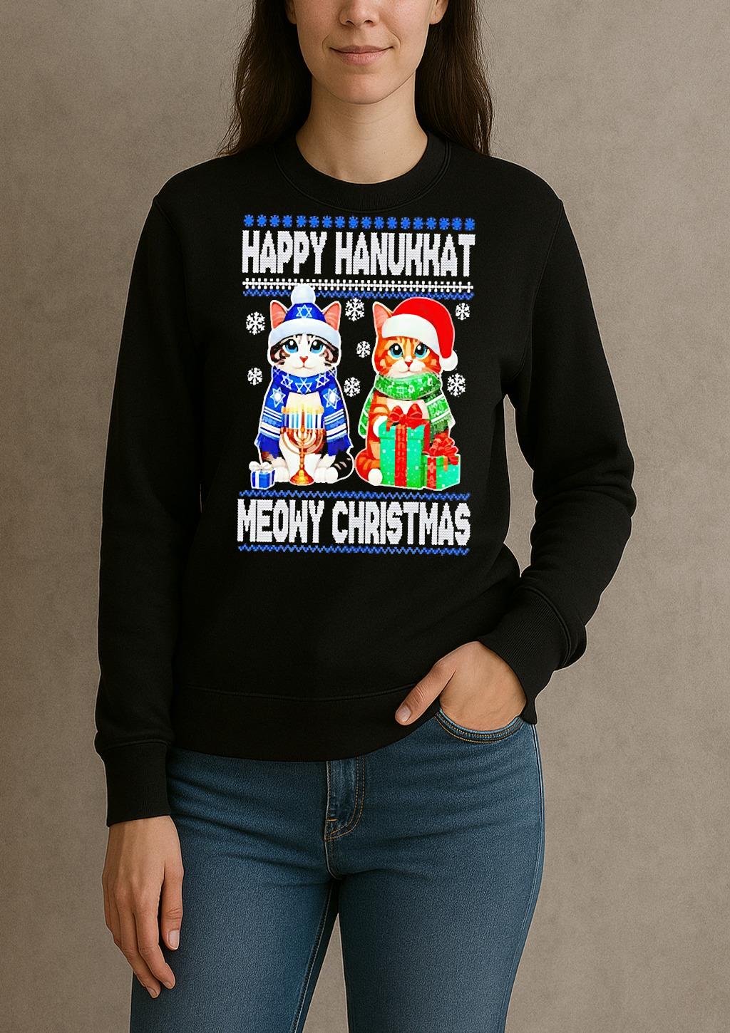 Premium Happy Hanukkat Meowy Ugly Christmas Sweat T Shirts Sweater Hoodie sweater