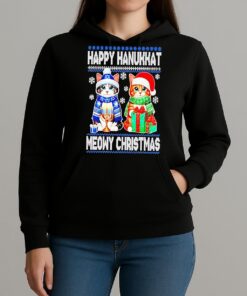 Premium Happy Hanukkat Meowy Ugly Christmas Sweat T Shirts Sweater Hoodie Unihoodie