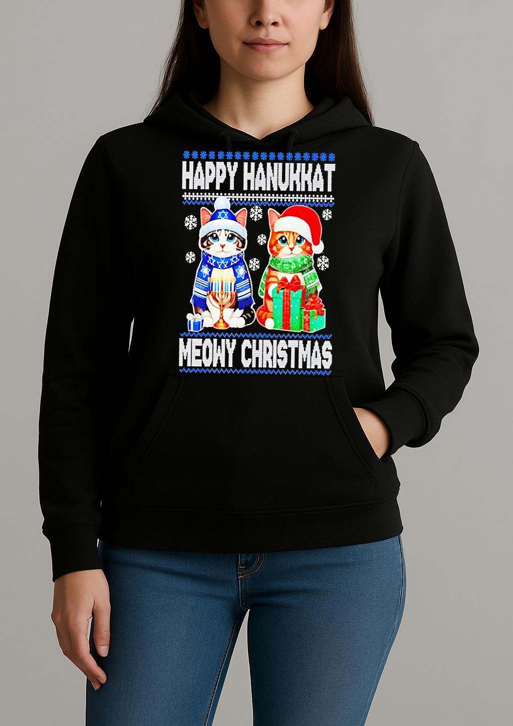Premium Happy Hanukkat Meowy Ugly Christmas Sweat T Shirts Sweater Hoodie Unihoodie