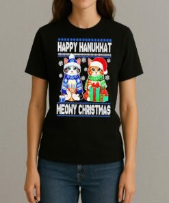 Premium Happy Hanukkat Meowy Ugly Christmas Sweat T Shirts Sweater Hoodie Womentee