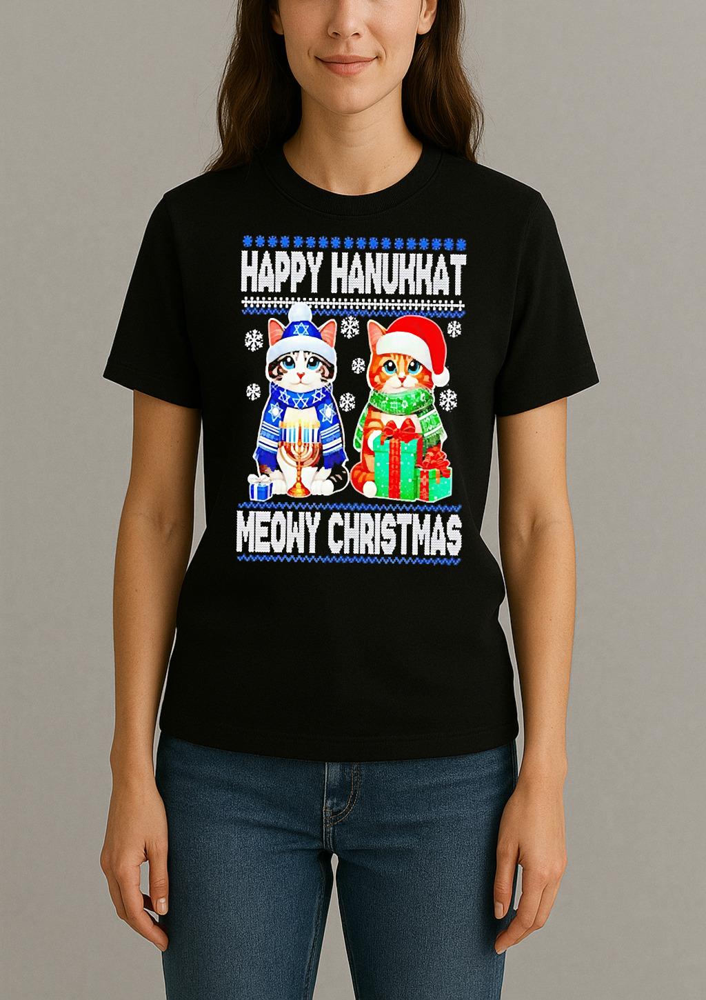 Premium Happy Hanukkat Meowy Ugly Christmas Sweat T Shirts Sweater Hoodie Womentee