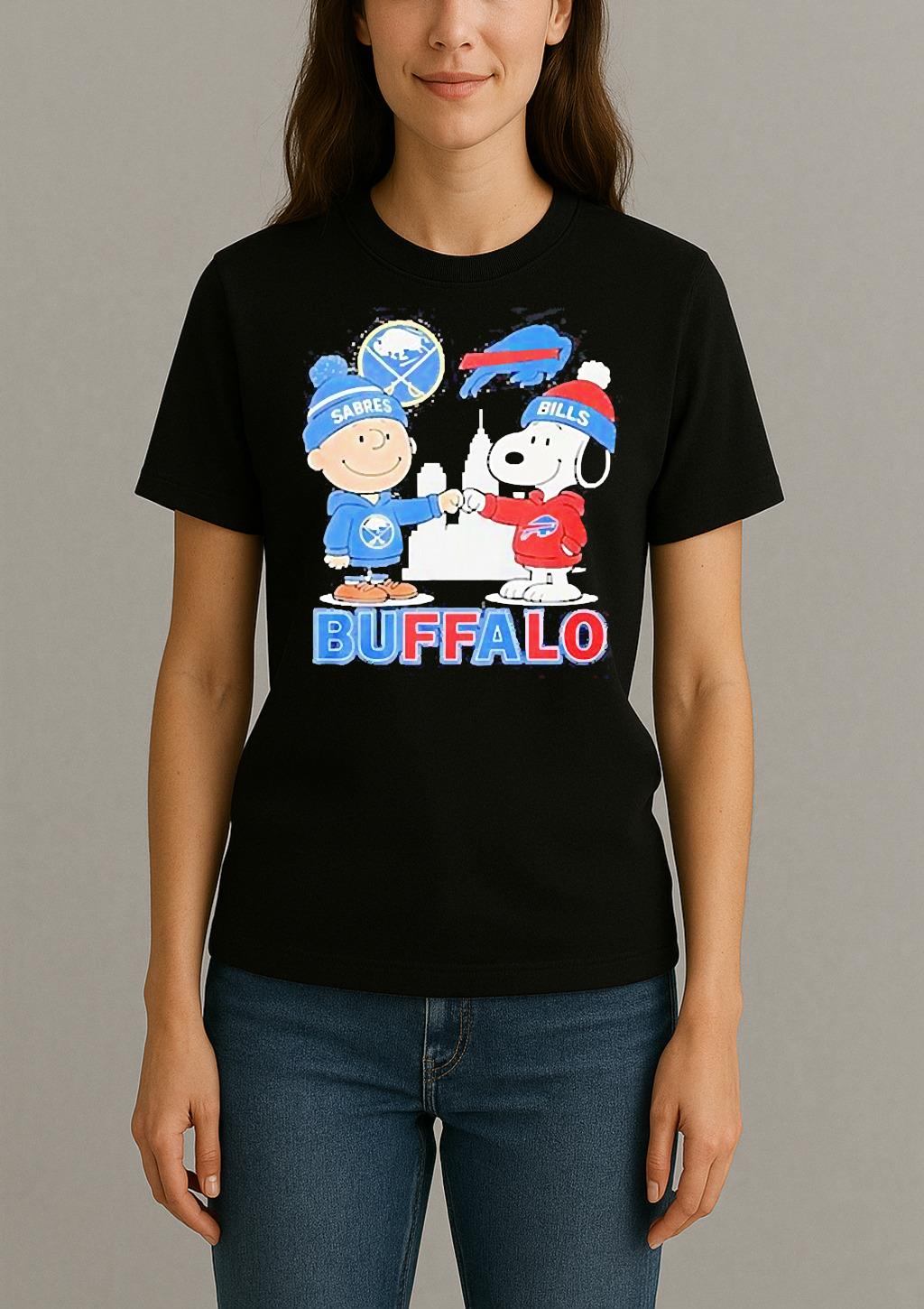 Snoopy Fist Bump Charlie Brown Buffalo Sabres And Buffalo Bills Shirt Womentee