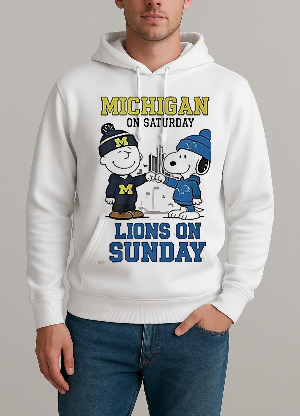 The Peanuts Fist Bump Michigan Wolverines On Saturday And Detroit Lions On Sunday Shirt Unisexhoodie