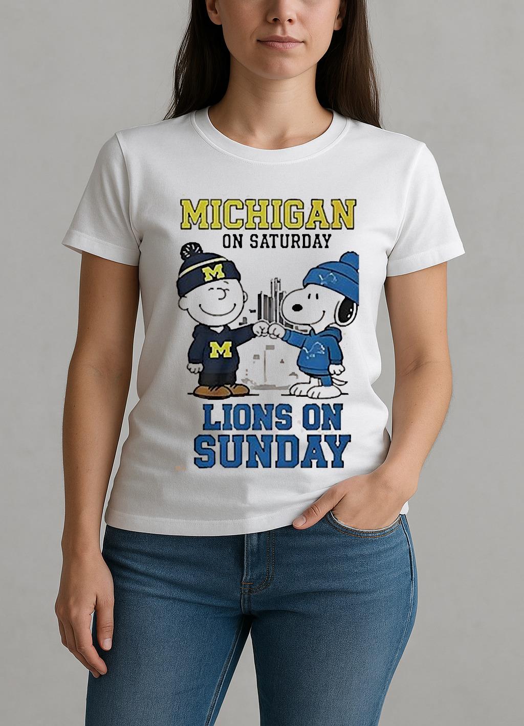 The Peanuts Fist Bump Michigan Wolverines On Saturday And Detroit Lions On Sunday Shirt W-tee