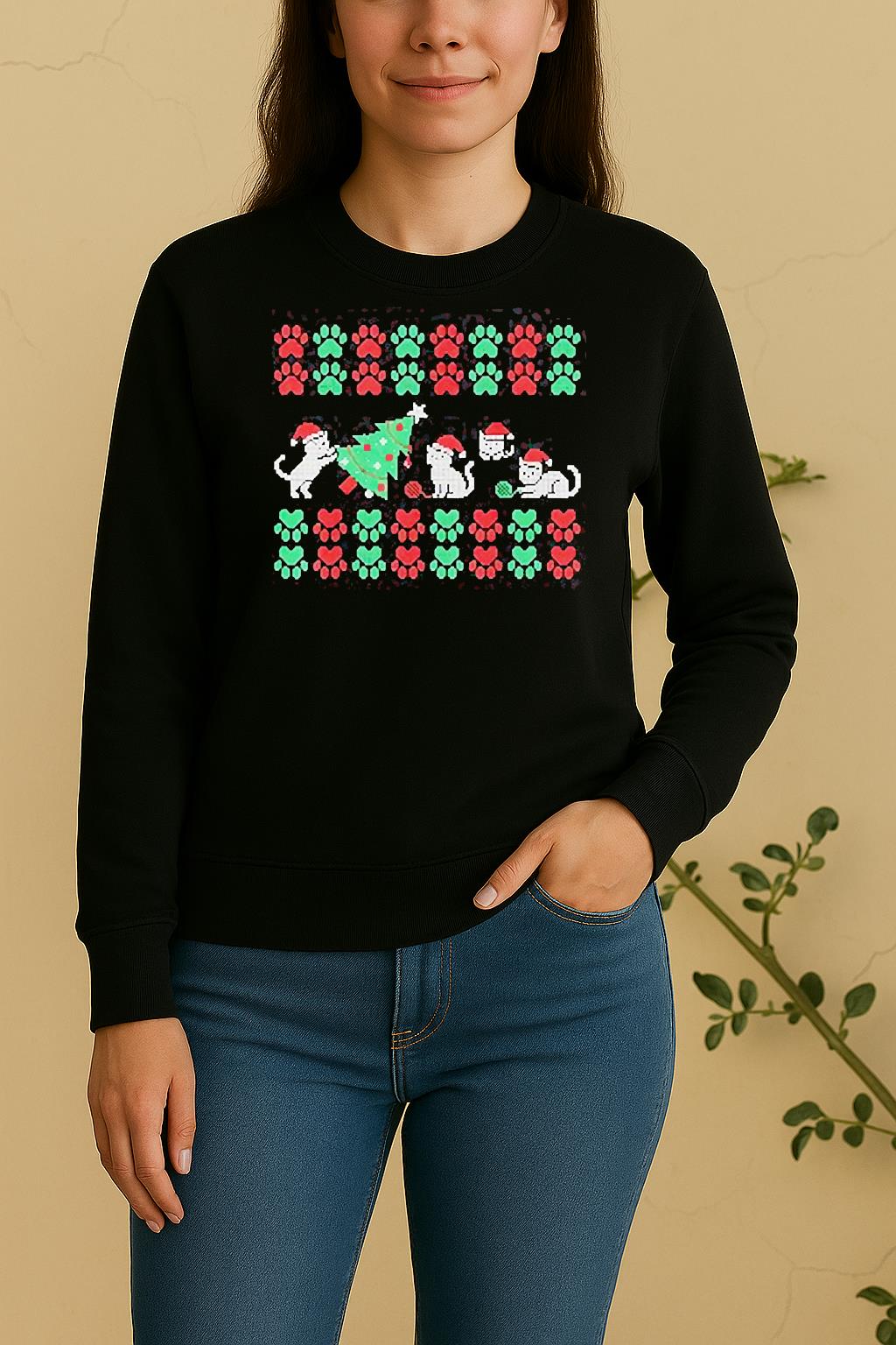 Cat Knocking Over The Christmas Tree Many Cat Paw Prints Sweater