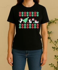 Cat Knocking Over The Christmas Tree Many Cat Paw Prints Women Shirt