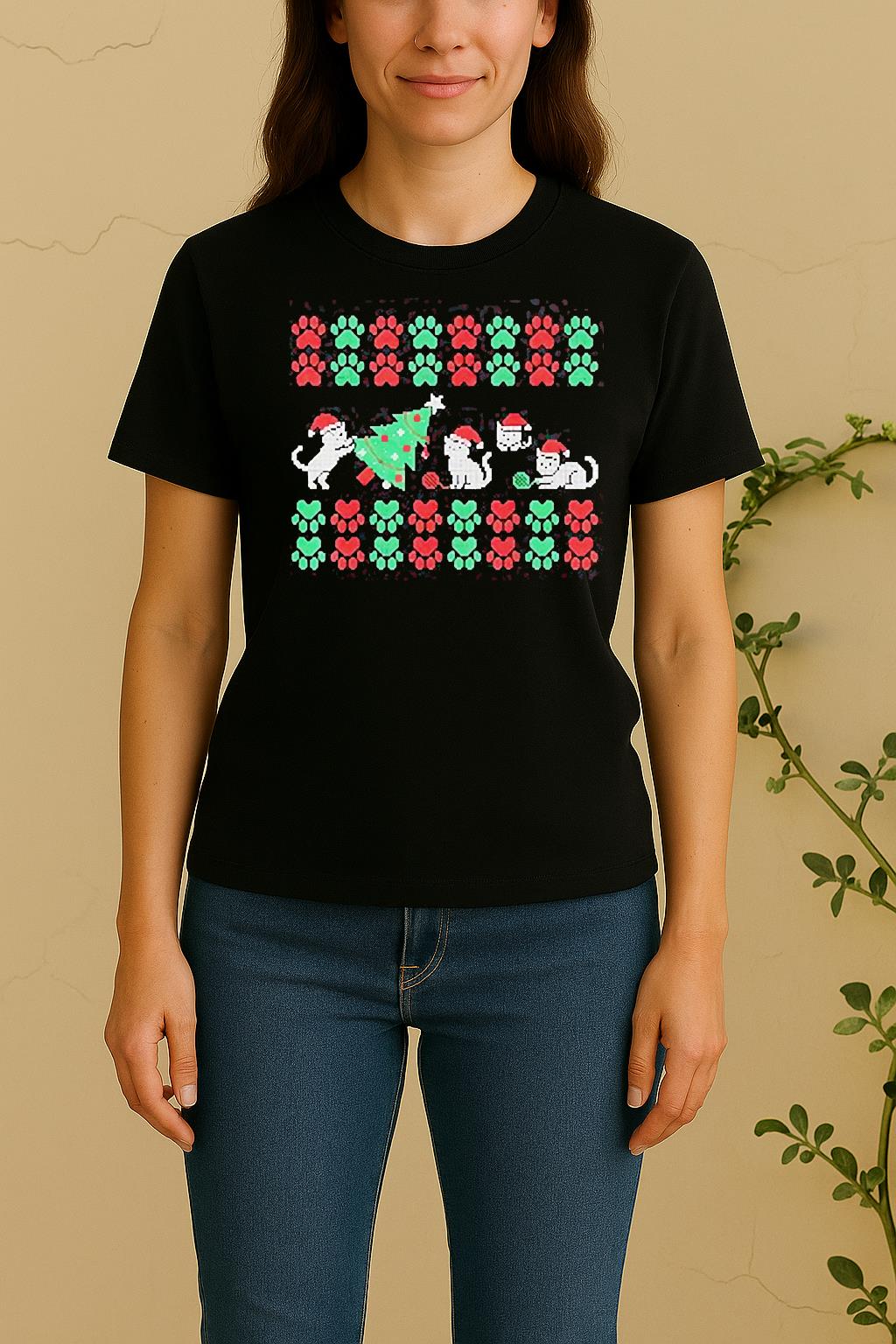 Cat Knocking Over The Christmas Tree Many Cat Paw Prints Women Shirt