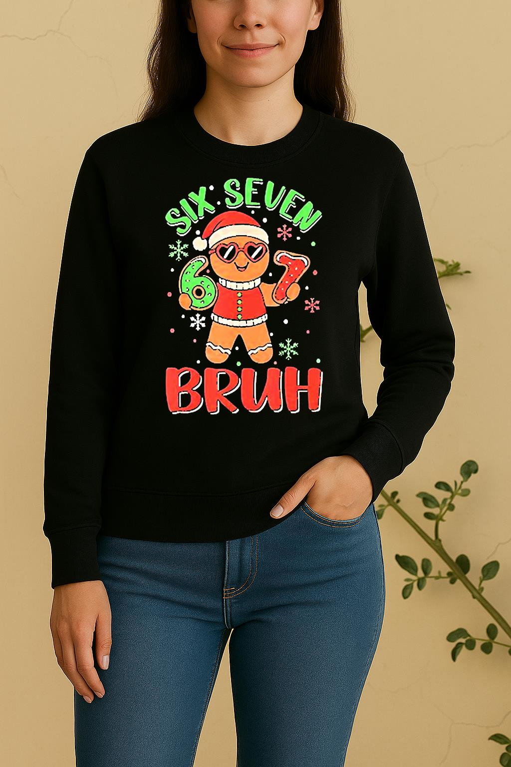 Gingerbread Holding Six Seven Bruh Christmas Costume Sweater