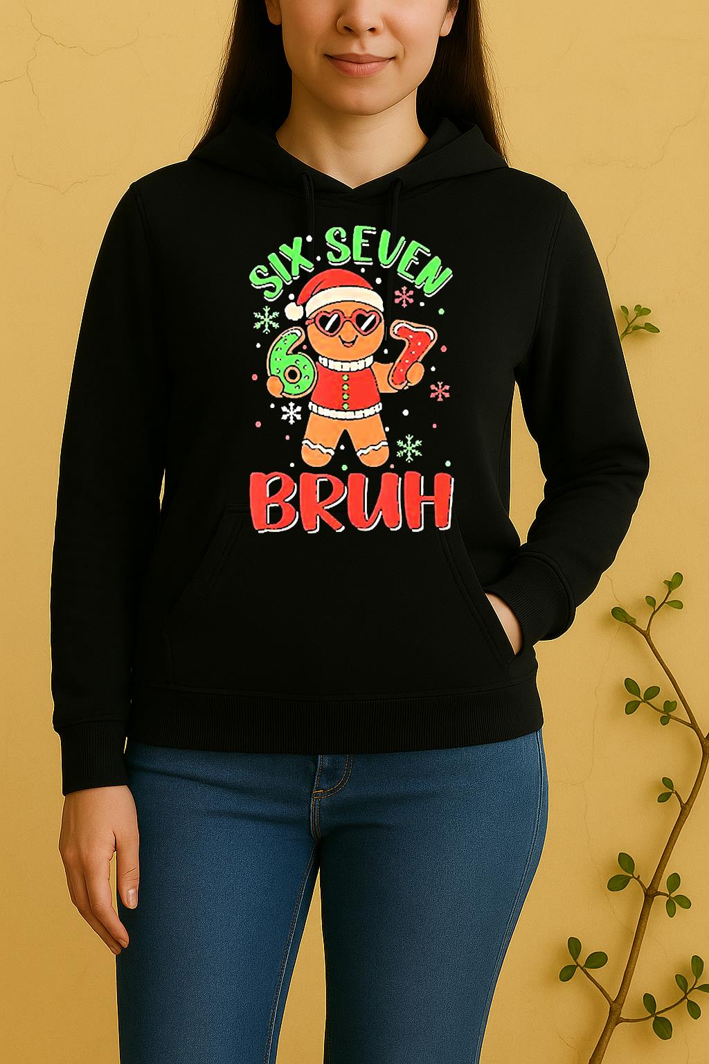 Gingerbread Holding Six Seven Bruh Christmas Costume Unisex Hoodie
