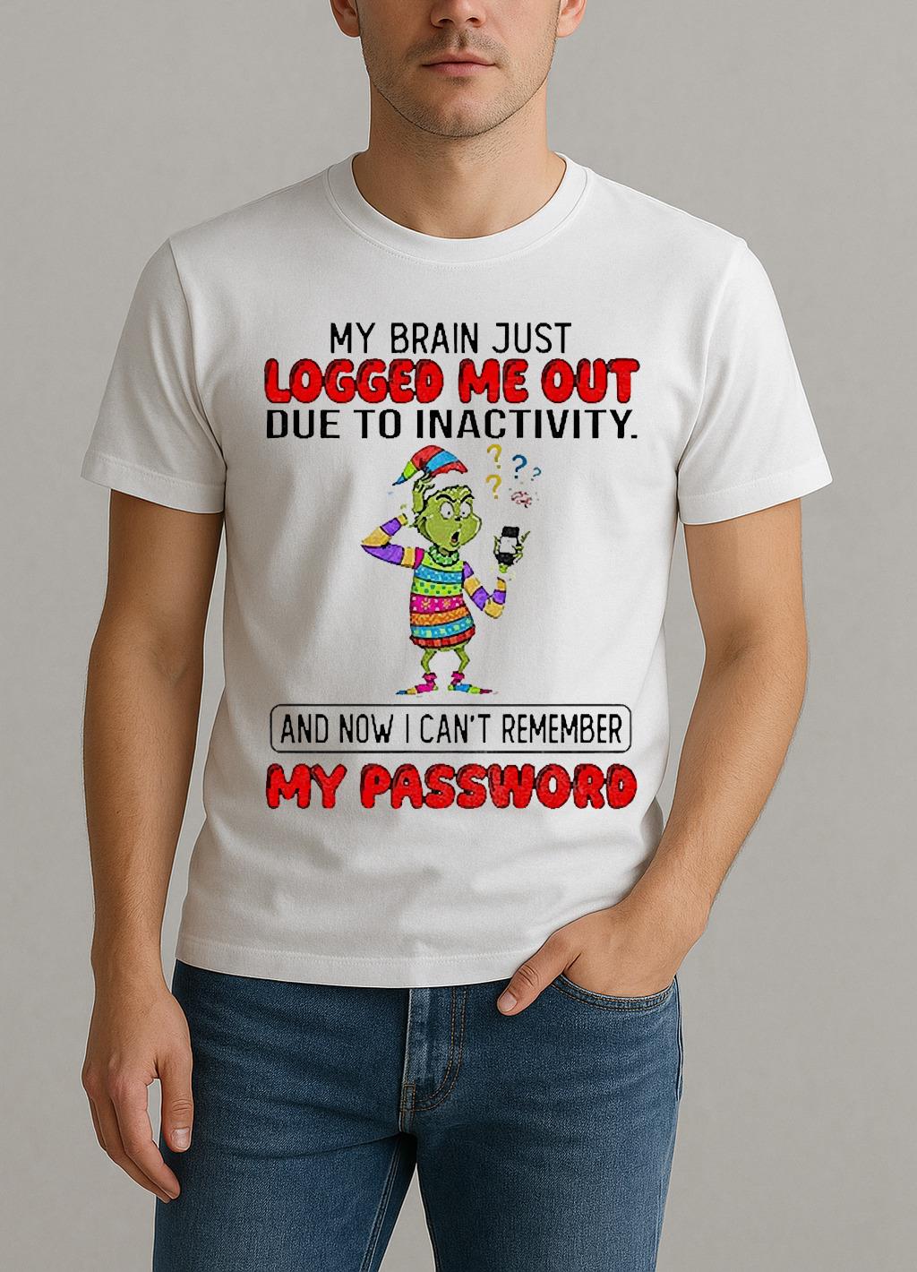 Grinch Santa My Brain Just Logged Me Out Due To Inactivity And Now I Cant Remember Christmas Shirt