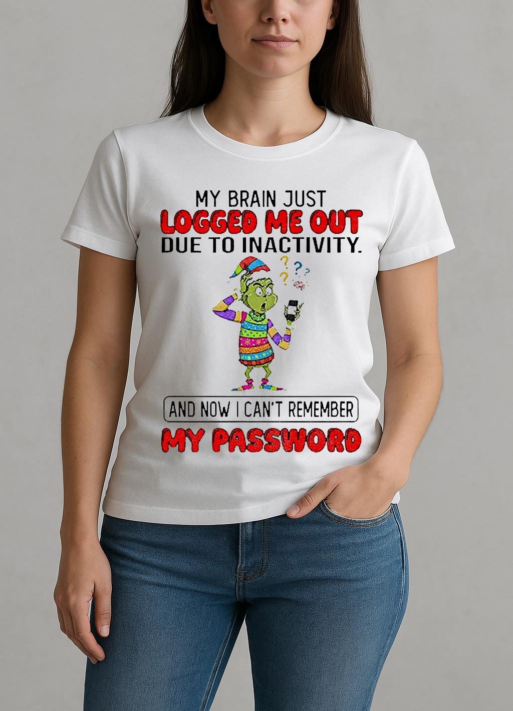 Grinch Santa My Brain Just Logged Me Out Due To Inactivity And Now I Cant Remember Christmas W-tee