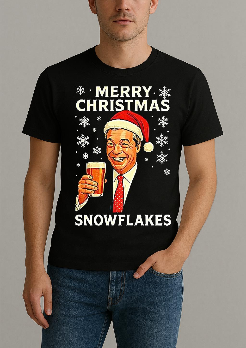 Nigel Farage Raises His Glass Reform Merry Christmas Snowflakes Caricature Shirt