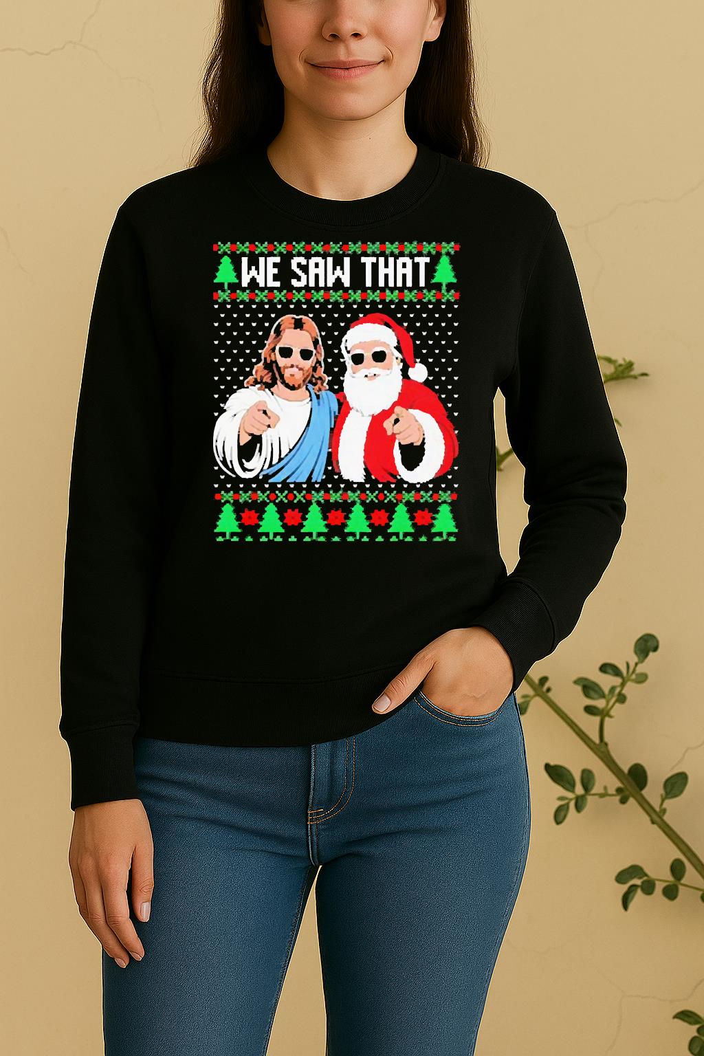 Official We Saw That Jesus And Santa Claus Ugly Christmas Sweater