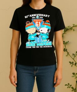 Officials Charlie Brown Fist Bump Snoopy 61St Anniversary 1965 2026 Miami Dolphins Thank You For The Memories Skyline Women Shirt