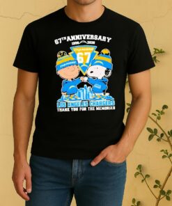Officials Charlie Brown Fist Bump Snoopy 67Th Anniversary 1959 2026 Los Angeles Chargers Thank You For The Memories Skyline Shirt