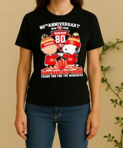 Officials Charlie Brown Fist Bump Snoopy 80Th Anniversary 1946 2026 San Francisco 49Ers Thank You For The Memories Skyline Women Shirt