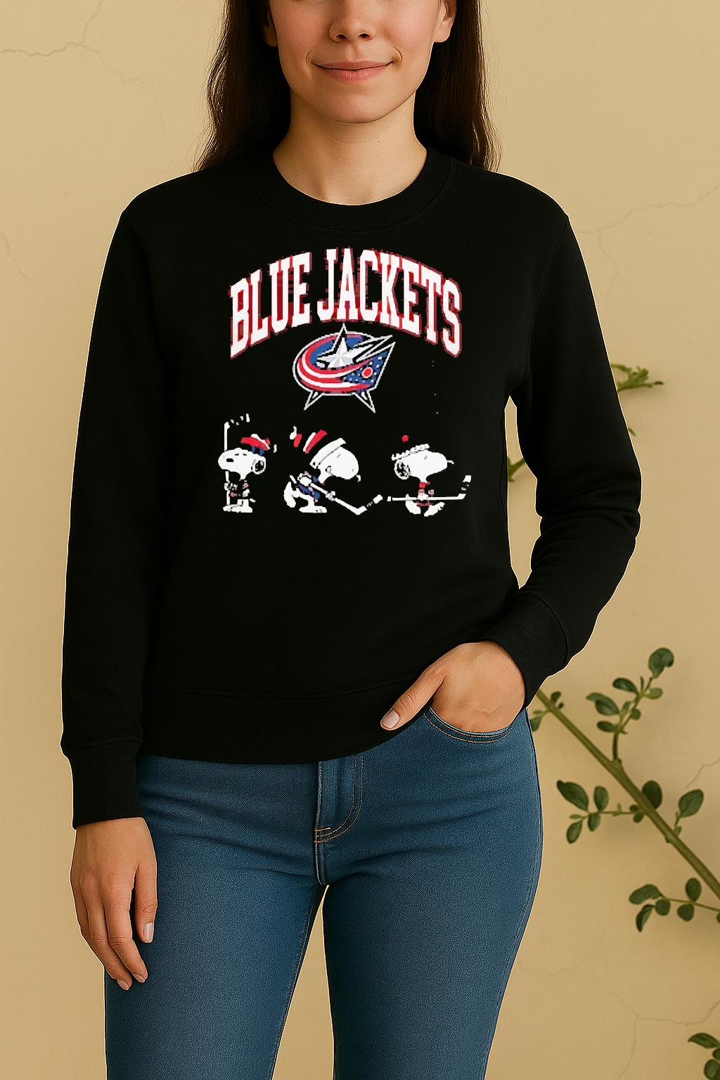 Officials Columbus Blue Jackets X Peanuts Snoopy Out Of Our Blue We Rise Hockey Double Sided Graphic Sweater