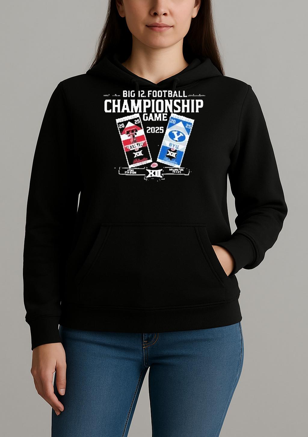 Officials Texas Tech Red Raiders Vs Brigham Cougars Big 12 2025 Football Championship Game Tickets Circle Black Unisexhoodie