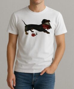 Top Dachshund Running With A Bouquet Of Red Flowers In Her Mouth Shirt