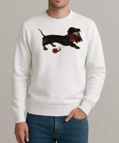 Top Dachshund Running With A Bouquet Of Red Flowers In Her Mouth sweater