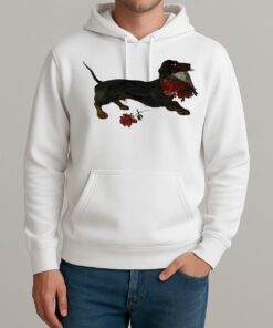 Top Dachshund Running With A Bouquet Of Red Flowers In Her Mouth Unisexhoodie