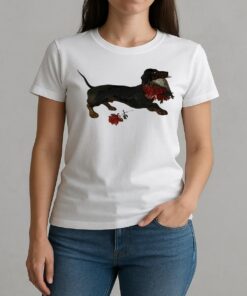 Top Dachshund Running With A Bouquet Of Red Flowers In Her Mouth W-tee