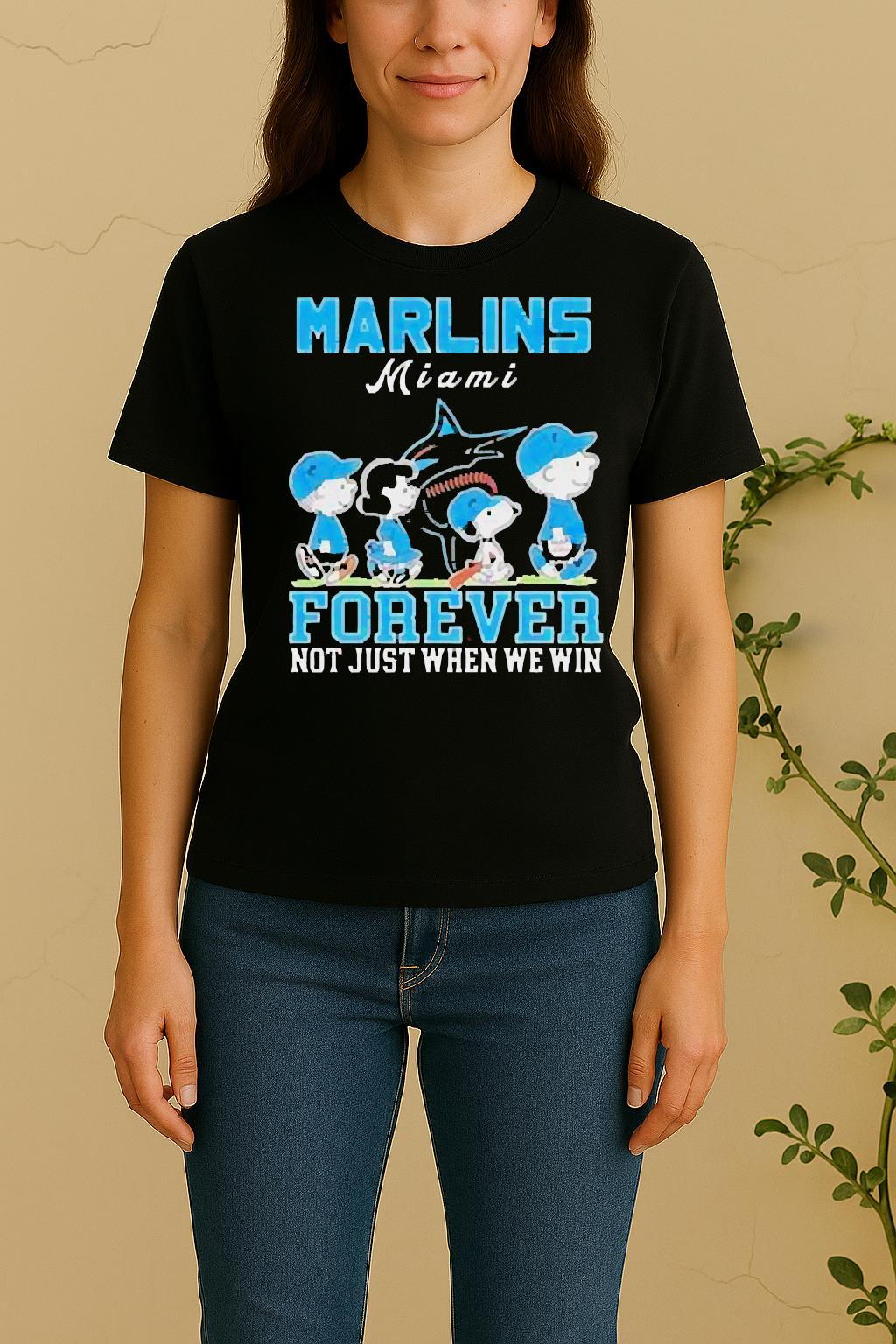 Cute Snoopy And Charlie Brown Miami Marlins Baseball Forever Not Just When We Win Women Shirt
