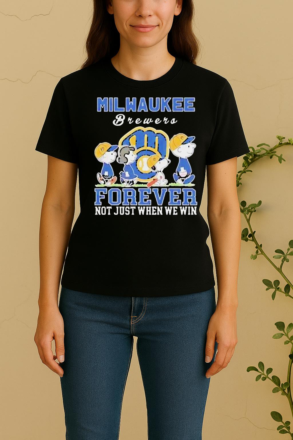 Cute Snoopy And Charlie Brown Milwaukee Brewers Baseball Forever Not Just When We Win Women Shirt