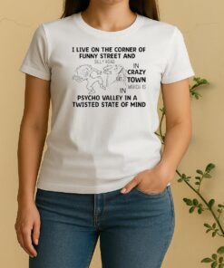 I Live On The Corner Of Funny Street And Silly Road In Crazy Town Which Is In Psycho Valley In A Twisted State Of Mind Women Shirt
