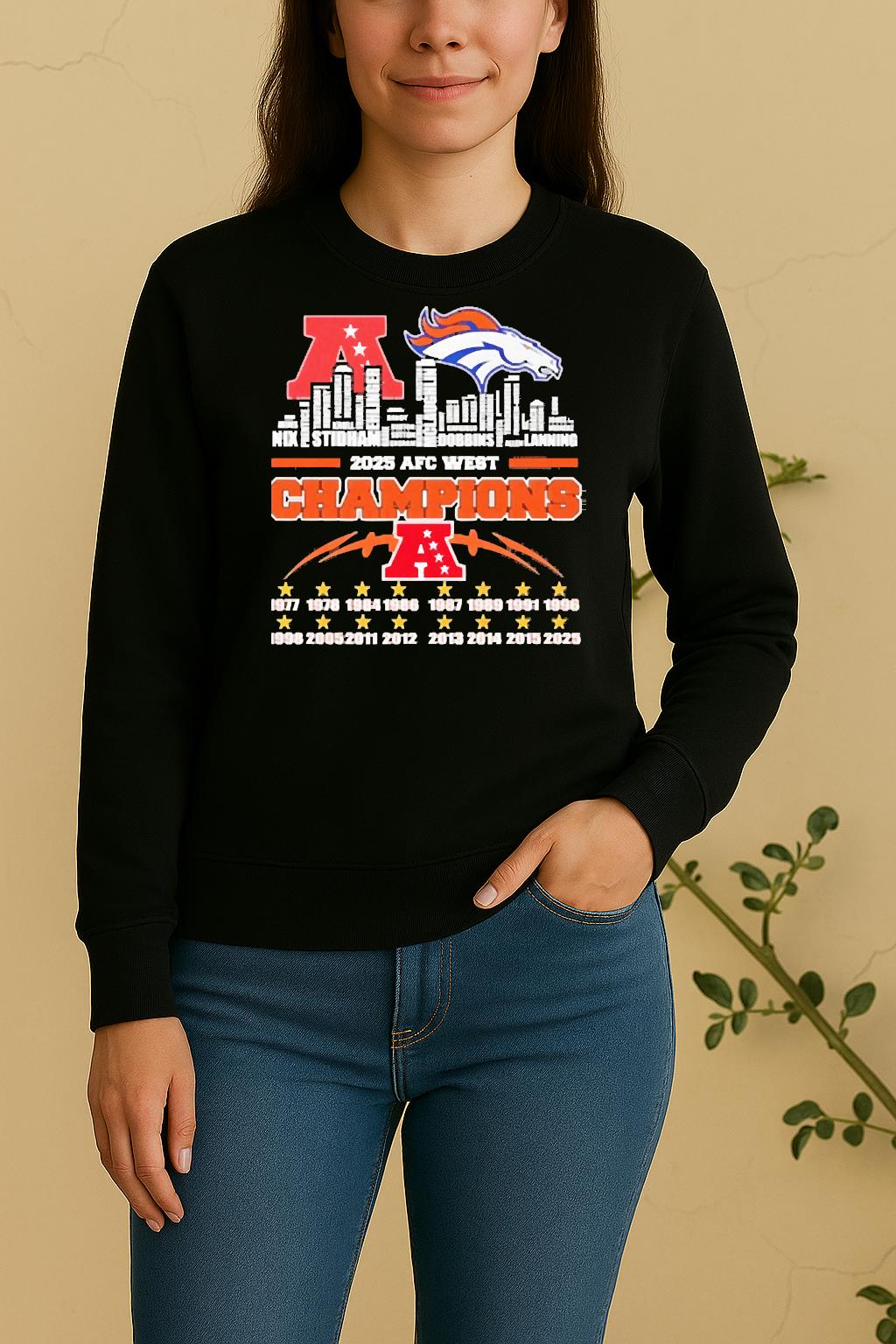 Officials 2025 Afc West Champions Denver Broncos All Names City Skyline Graphic Sweater