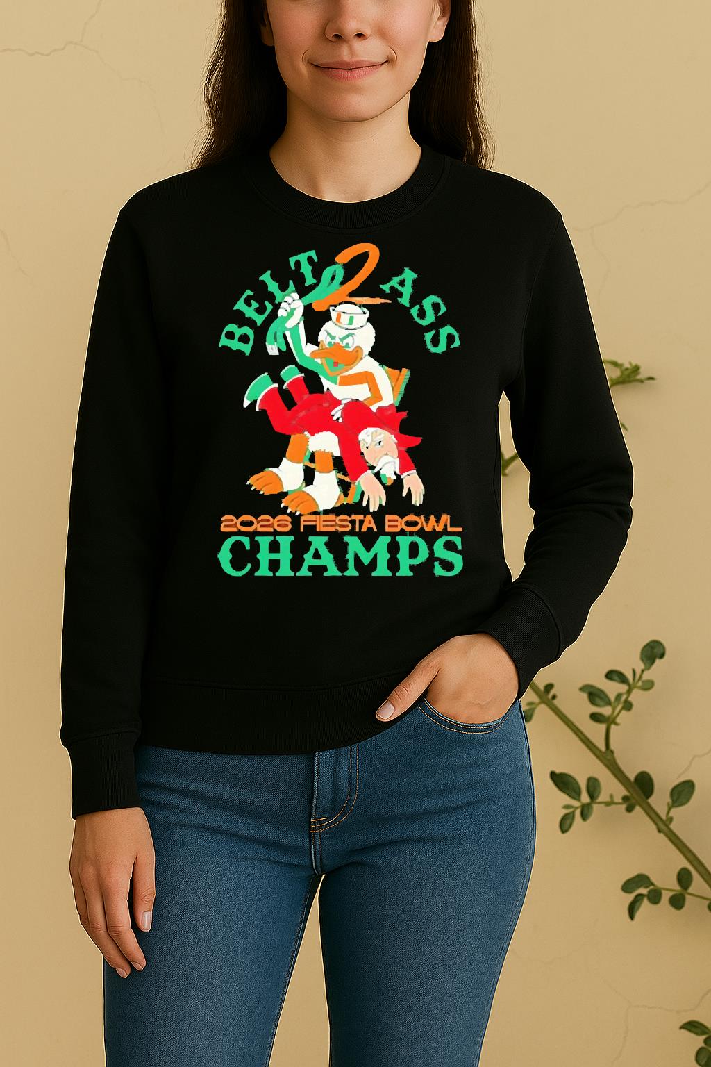 Officials 2026 Fiesta Bowl Champions Miami Hurricanes Belt 2 Ass Ole Miss Rebels Mascots Sweater