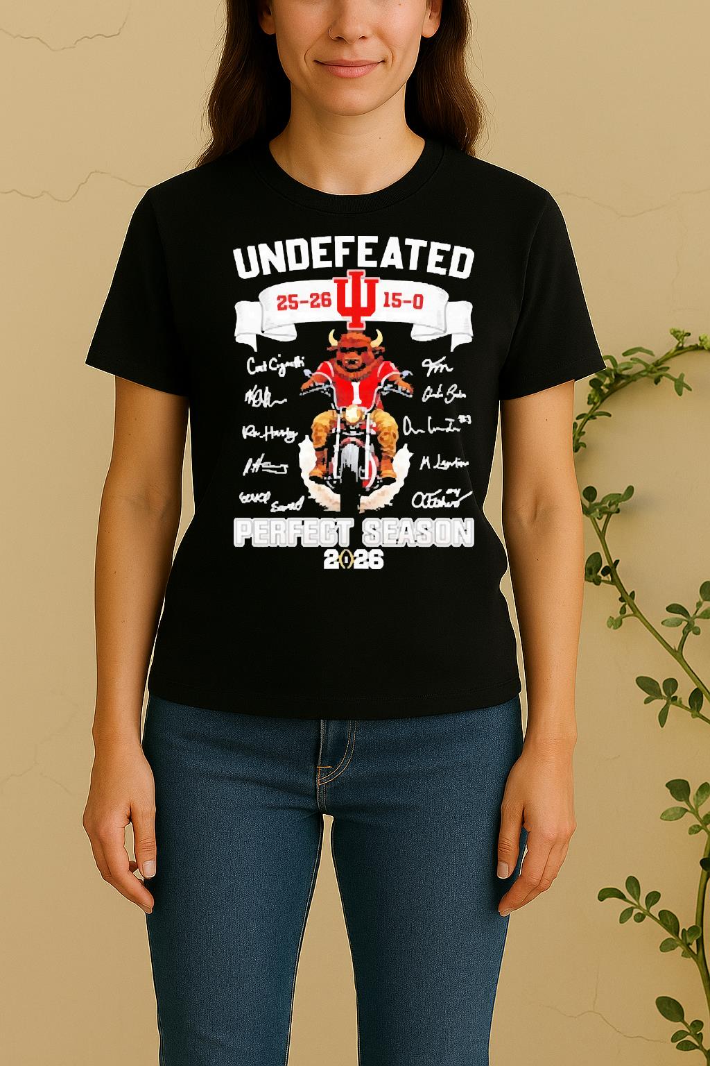 Officials 2026 Indiana Hoosiers Mascot Bike Motor Undefeated Perfect Season All Signatures Women Shirt