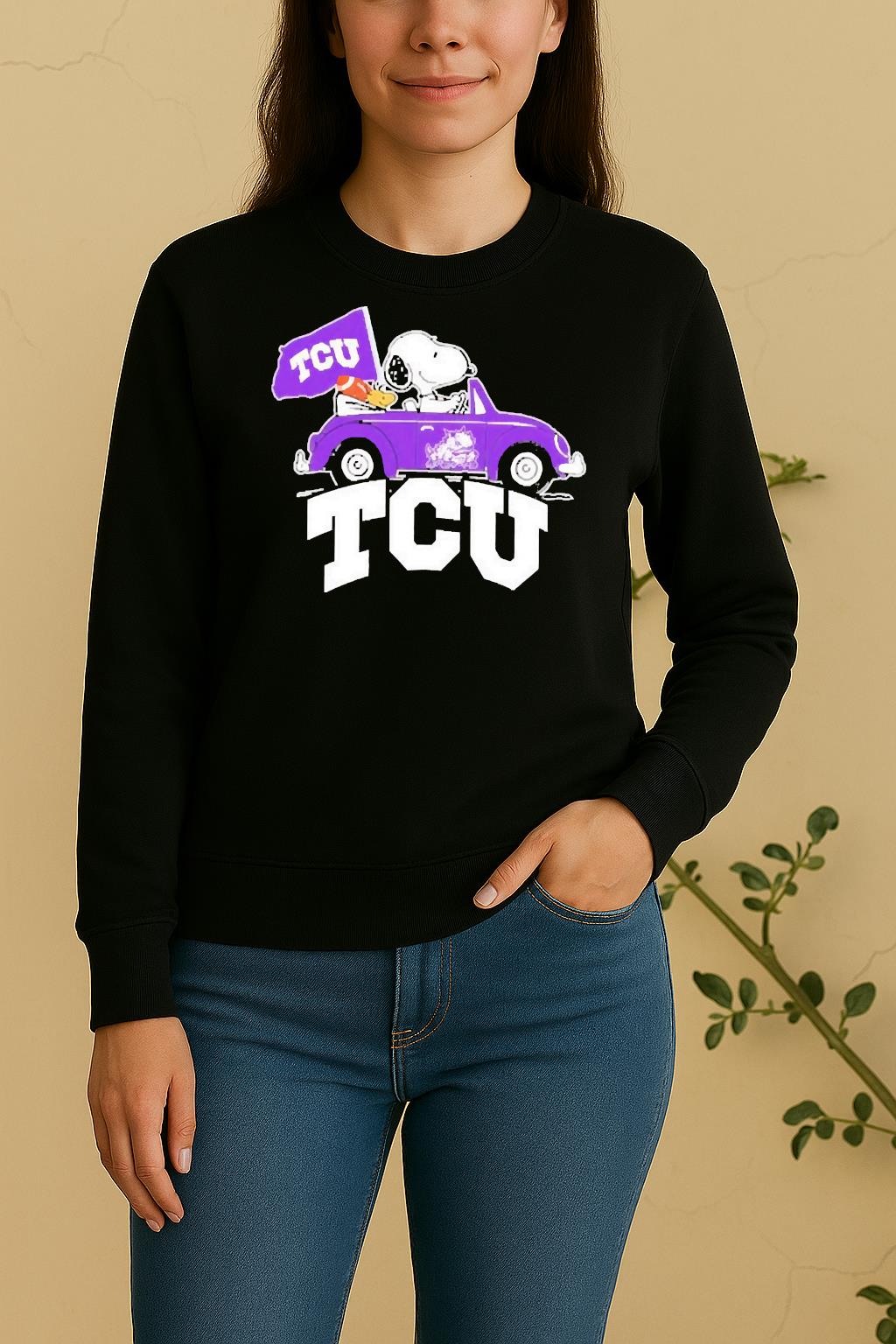 Officials Snoopy And Woodstock Driving Car Tcu Horned Frog Sweater