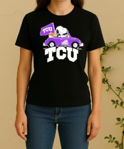 Officials Snoopy And Woodstock Driving Car Tcu Horned Frog Women Shirt