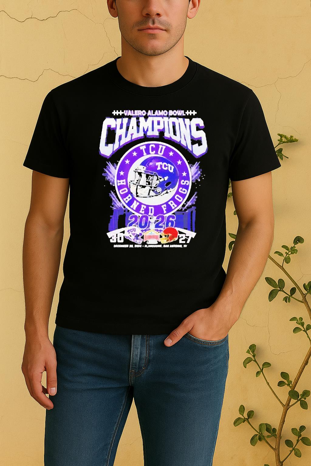 Officials Tcu Horned Frogs 2026 Valero Alamo Bowl Champions Helmet Shirt by Bino Shirt – Custom Graphic T-Shirt