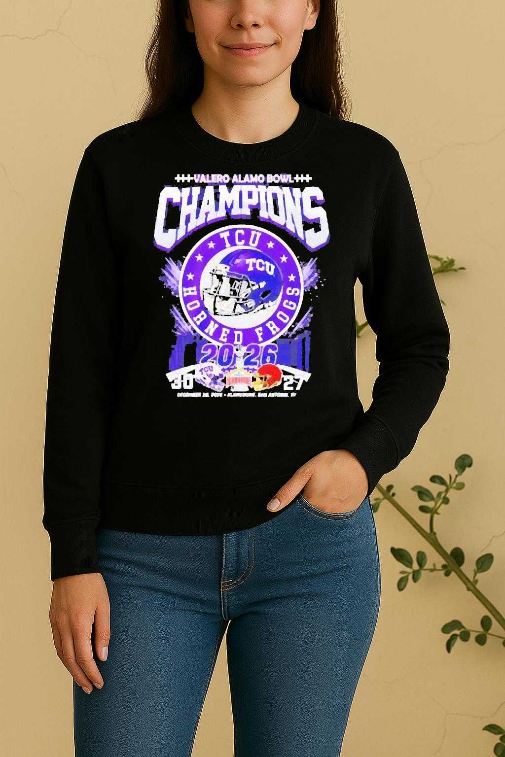 Officials Tcu Horned Frogs 2026 Valero Alamo Bowl Champions Helmet Sweater