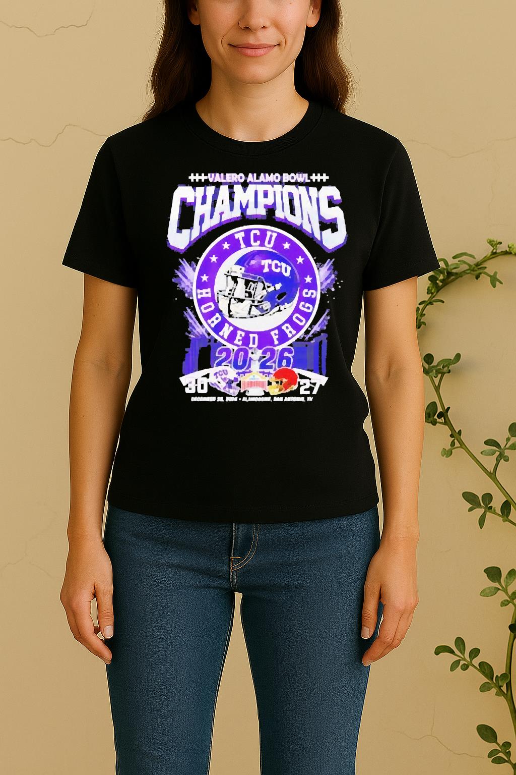 Officials Tcu Horned Frogs 2026 Valero Alamo Bowl Champions Helmet Women Shirt